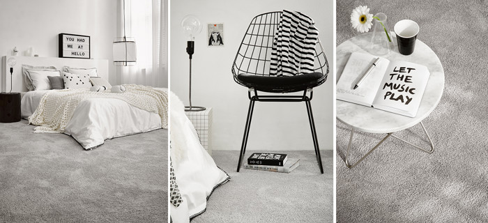  Accessoires en meubelen in zwart staaldraad, wit marmer, glas en zacht kamerbreed Parade Touch tapijt zijn een warme basis voor de Monochroom stijl 