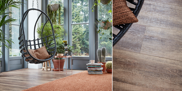 Geef je botanical interieur sfeer met een vloerkleed in een oranje-bruin tint - Tarkett iD Inspiration PVC vloer